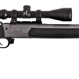 A black rifle with a matte silver barrel, equipped with a telescopic sight, against a white background.