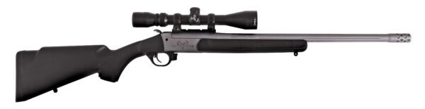 A black rifle with a matte silver barrel, equipped with a telescopic sight, against a white background.