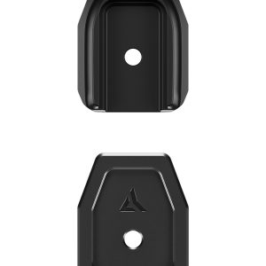 Black gun accessory with geometric design, featuring a circular hole and logo, useful for firearms and ammo storage in bags. Suitable for users in casey, iowa.