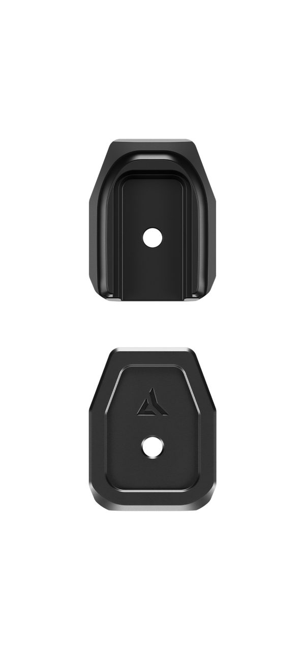 Black gun accessory with geometric design, featuring a circular hole and logo, useful for firearms and ammo storage in bags. Suitable for users in casey, iowa.