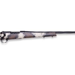 Camouflage-patterned rifle with black, brown, and cream colors, featuring a long, black, spiral-fluted barrel and synthetic stock.