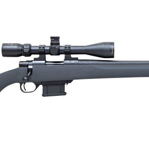 Black rifle with a long barrel and a mounted scope.