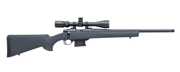 Black rifle with a long barrel and a mounted scope.