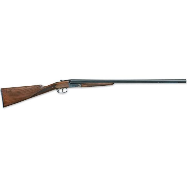 Double-barrel shotgun with a polished wooden stock and dark steel barrels.