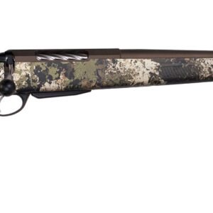 Camouflage-patterned rifle with a textured grip and a dark brown barrel featuring a muzzle brake; ideal for firearms enthusiasts in casey, iowa.