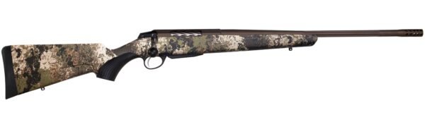 Camouflage-patterned rifle with a textured grip and a dark brown barrel featuring a muzzle brake; ideal for firearms enthusiasts in casey, iowa.