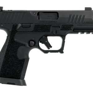 Black 9mm semi-automatic handgun, labeled "carbon compact", with textured grip and threaded barrel.