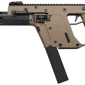 A tan and black tactical firearm with a long barrel and angled magazine, featuring textured grips and multiple attachment points.