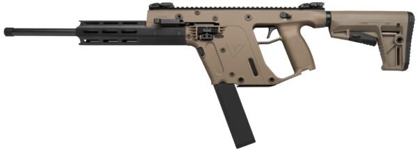 A tan and black tactical firearm with a long barrel and angled magazine, featuring textured grips and multiple attachment points.