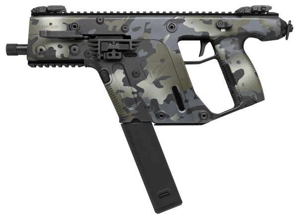 Camouflage-patterned firearm with a black magazine, featuring a unique design and tactical elements.