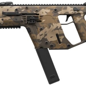 Camo-patterned firearm with a tan and brown finish, featuring a black magazine, designed for tactical use.