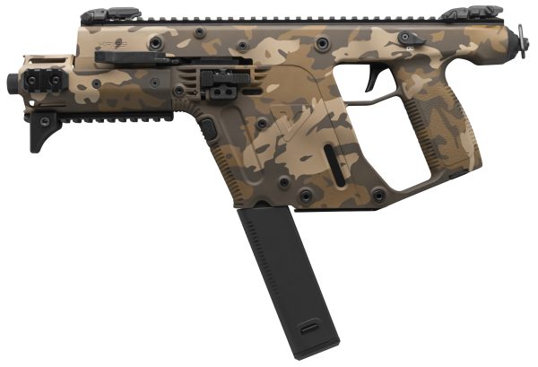 Camo-patterned firearm with a tan and brown finish, featuring a black magazine, designed for tactical use.