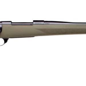 Bolt-action rifle with a matte black barrel and olive green synthetic stock.