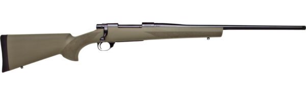 Bolt-action rifle with a matte black barrel and olive green synthetic stock.