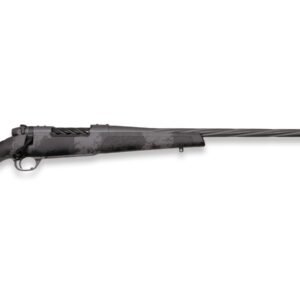 Black and gray bolt-action rifle with a textured stock and a fluted barrel.