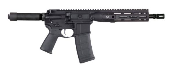 Alt text: black semi-automatic rifle with a tactical rail and sleek design on a white background.