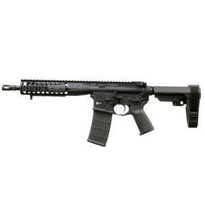 Black tactical firearm with a textured grip and a collapsible stock, isolated on a white background.