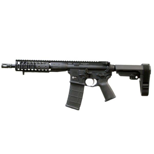 Black tactical firearm with a textured grip and a collapsible stock, isolated on a white background.