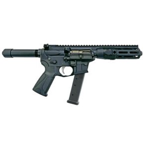 A black semi-automatic firearm with a tactical handguard and pistol grip, displayed against a white background.