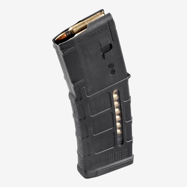 Black polymer rifle magazine with visible brass ammunition, against a light gray background.