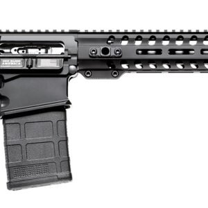 A black modern semi-automatic rifle with a tactical stock, handguard with cutouts, and a magazine.