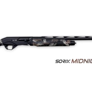 Shotgun with black barrel and a camo-patterned stock labeled "sorx midnight marsh".