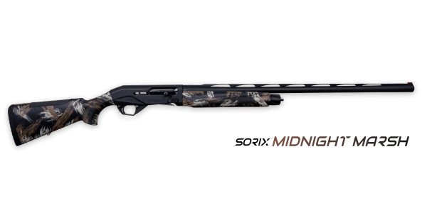 Shotgun with black barrel and a camo-patterned stock labeled "sorx midnight marsh".
