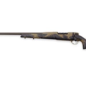 Camouflage-patterned bolt-action rifle with a long barrel, featuring brown and black tones, suitable for hunting or target shooting.