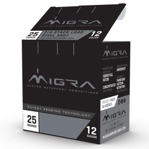 Black and gray box of migra custom waterfowl ammunitions with "12 gauge" and "25 rounds" printed on the front, featuring branding and product details.