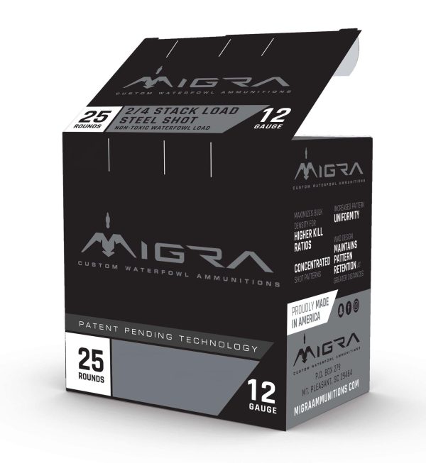 Black and gray box of migra custom waterfowl ammunitions with "12 gauge" and "25 rounds" printed on the front, featuring branding and product details.