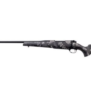 Black and gray camo-patterned rifle with a matte black barrel and textured stock.