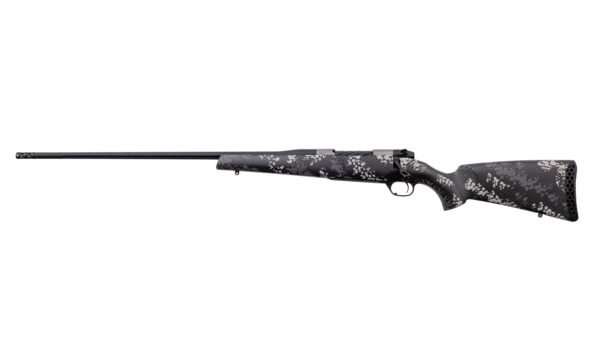 Black and gray camo-patterned rifle with a matte black barrel and textured stock.