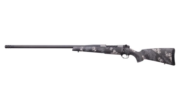 Gray camo-patterned hunting rifle with a long carbon fiber barrel and textured stock featuring black and gray tones, suitable for firearm enthusiasts in casey, iowa.