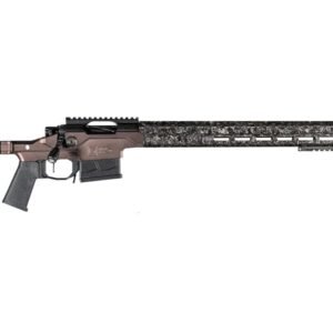 Rifle with a bronze and carbon fiber finish, featuring a black grip and adjustable stock.