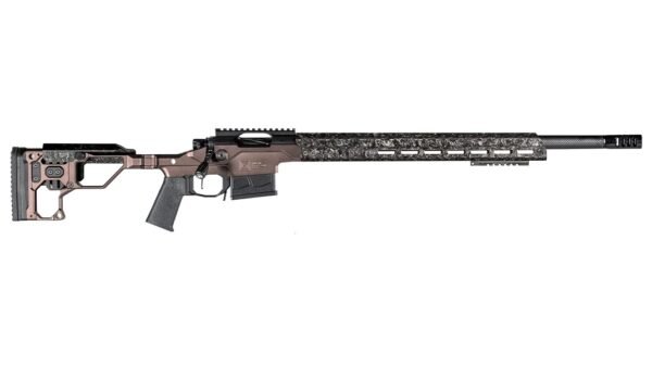 Rifle with a bronze and carbon fiber finish, featuring a black grip and adjustable stock.