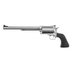 Stainless steel long-barreled revolver with black grip.