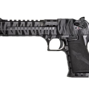 Desert eagle pistol with black and gray zebra stripe design, black textured grip, and visible. 44 mag marking on the barrel, isolated on a white background.