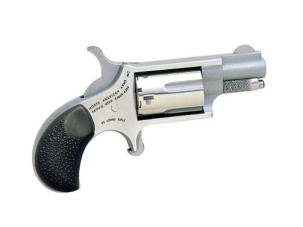 Silver revolver with a short barrel and black textured grip, featuring the text "north american arms" on the side.