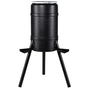 Black wildlife feeder with three metal legs and "On Time" branding.