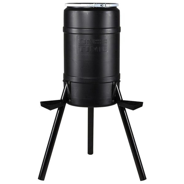 Black wildlife feeder with three metal legs and "on time" branding.