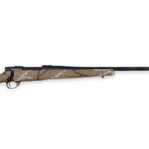 Camouflage-patterned rifle with a black barrel and muzzle brake.