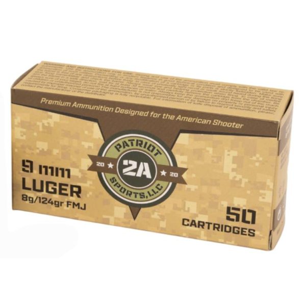 Box of 9mm luger ammunition, beige camouflage design, labeled "patriot sports, llc" and "50 cartridges" in casey, iowa.