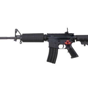 Black semi-automatic rifle with red safety selector, black tactical grips, retractable stock, and ribbed barrel shroud.