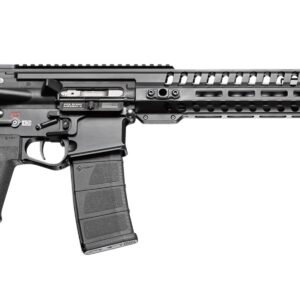 Black semi-automatic rifle with a tactical stock and handguard, featuring a textured grip and magazine.