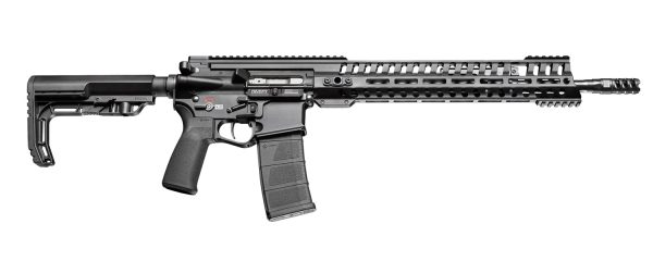 Black semi-automatic rifle with a tactical stock and handguard, featuring a textured grip and magazine.