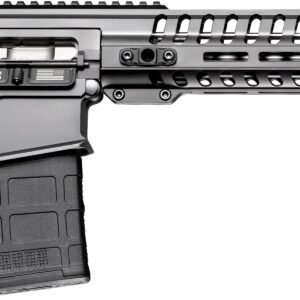 Black semi-automatic rifle with a tactical rail and magazine.