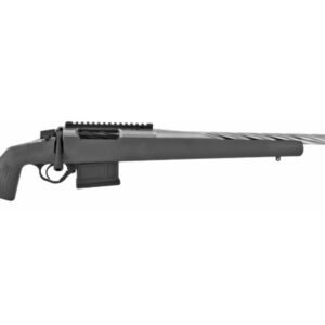 Silver and black long-barrel rifle with a textured stock and a spiral-patterned barrel.