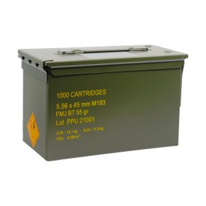 Olive green metal ammo box with yellow text, labeled "1000 cartridges, 5. 56 x 45 mm m193" and caution symbol on side.