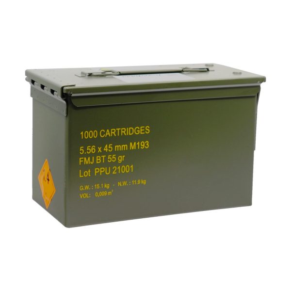 Olive green metal ammo box with yellow text, labeled "1000 cartridges, 5. 56 x 45 mm m193" and caution symbol on side.