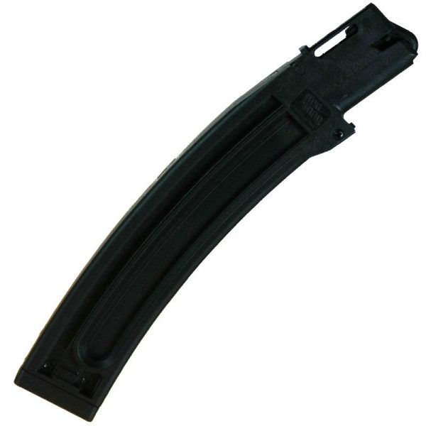 Black curved gun magazine isolated on a white background.